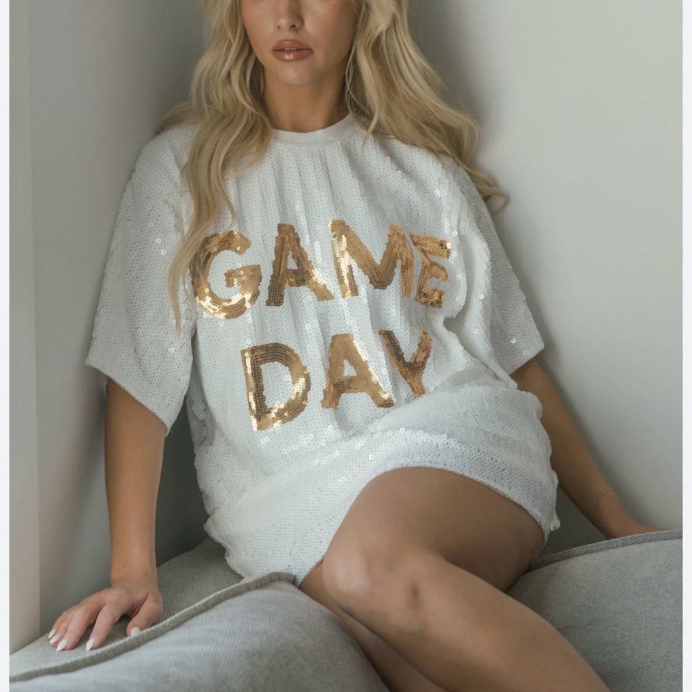 Sequin Game Day Dress in White and Gold